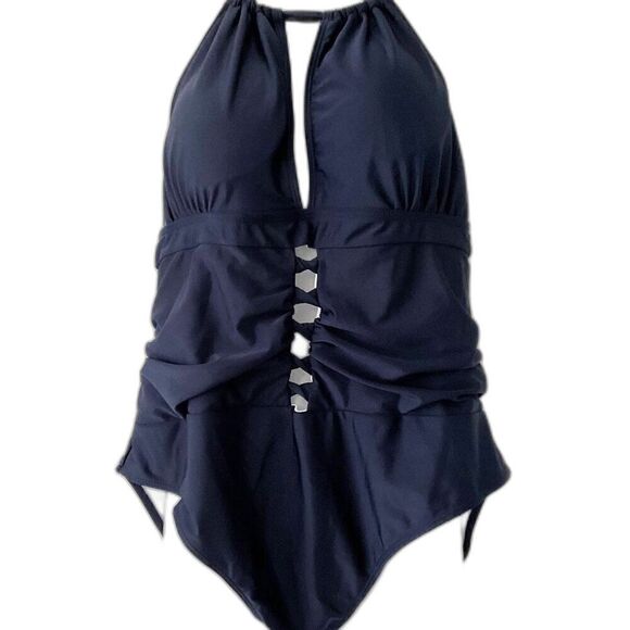 Unbranded Other - NEW Navy Cutout Halter Plunge Ruched One Piece Swimsuit